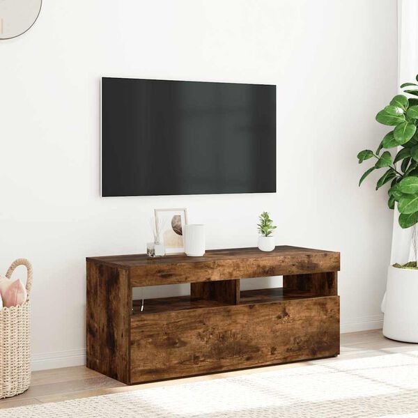 vidaXL TV Cabinet with LED Lights Smoked Oak 90x35x40 cm