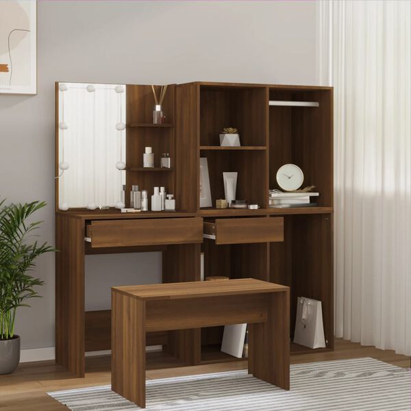 vidaXL Dressing Table Set with LED Brown Oak Engineered Wood