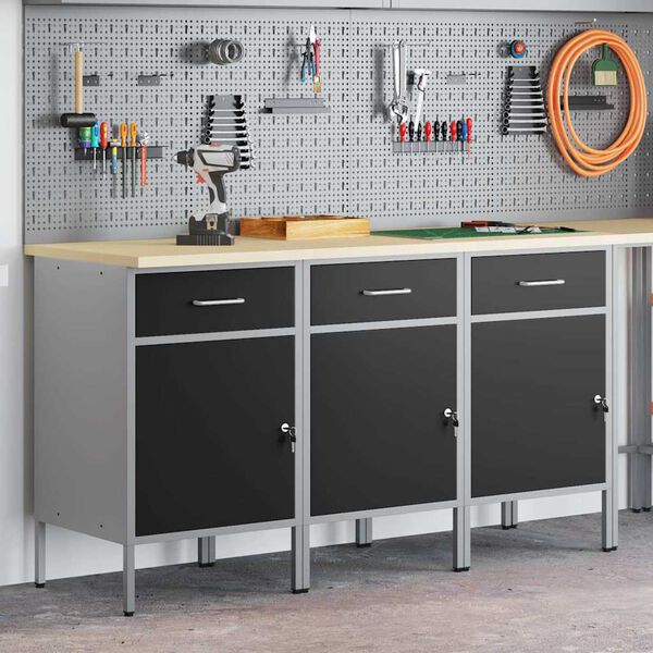 vidaXL Work Cabinet with Drawer 3 pcs Black and Grey 150 x 55 x 85 cm