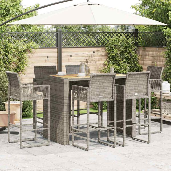 vidaXL 7 Piece Garden Bar Set without Cushions Grey Poly Rattan Acacia