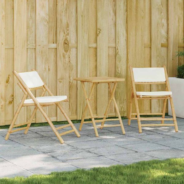 vidaXL 3 Piece Folding Bistro set with Cream White Cushions Bamboo