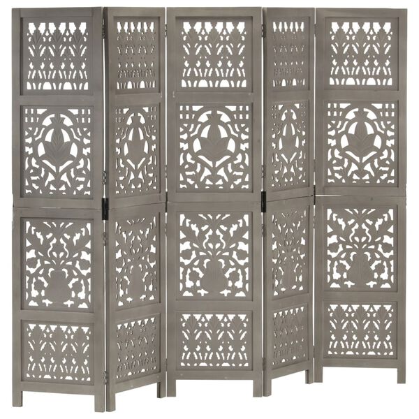 vidaXL Hand Carved 5-Panel Room Divider Grey 200x165 cm Solid Mango Wood