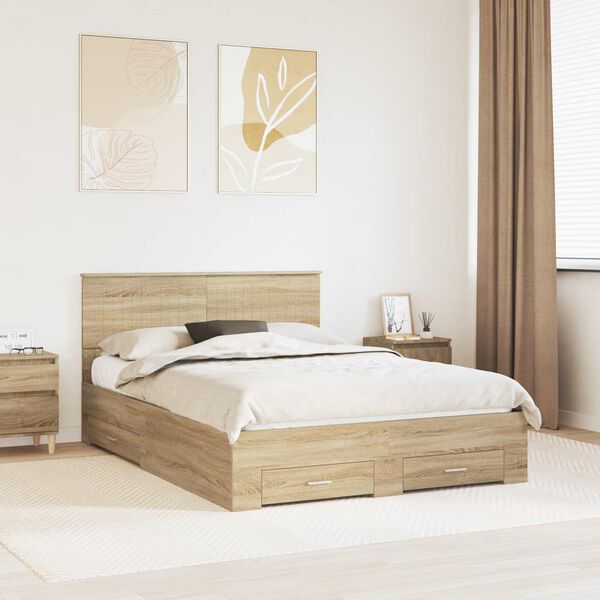 vidaXL Bed Frame with Drawer Sonoma Oak 135 x 190 cm Engineered Wood