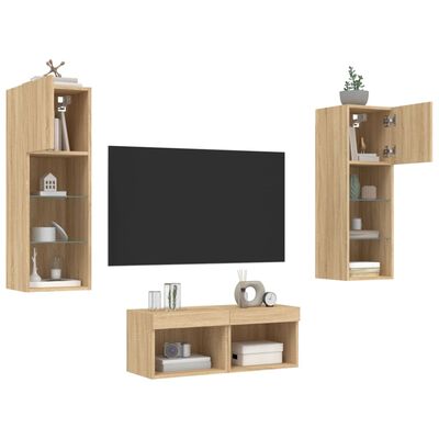 vidaXL 4 Piece TV Wall Cabinets with LED Lights Sonoma Oak