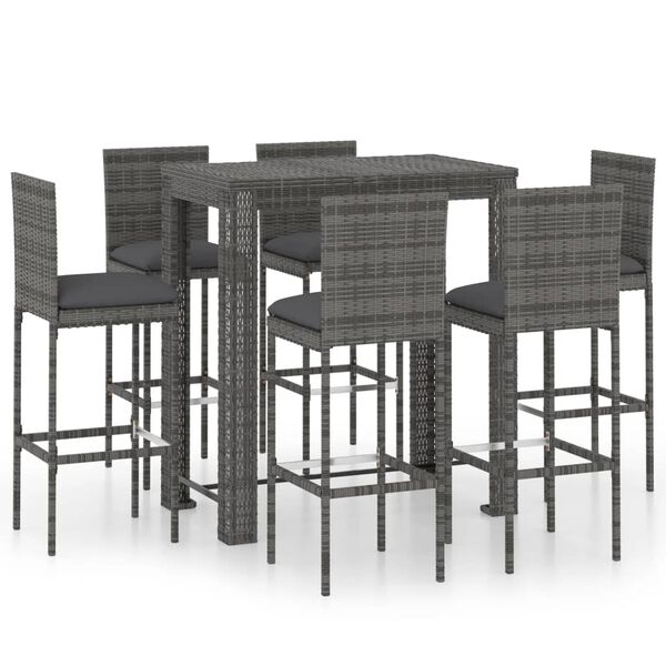 vidaXL 7 Piece Garden Bar Set with Cushions Poly Rattan Grey