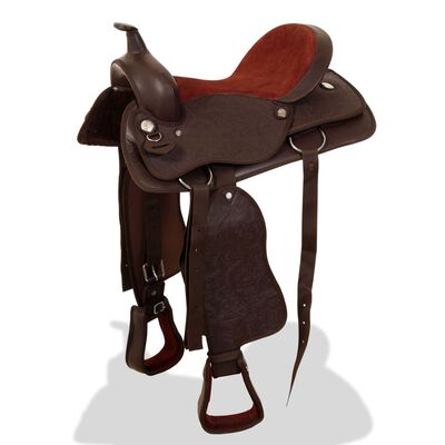 vidaXL Western Saddle. Headstall&Breast Collar Real Leather 15" Brown