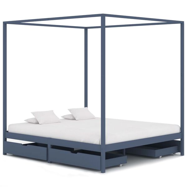 vidaXL Canopy Bed Frame without Mattress Grey Solid Wood 180x200 cm Super King (283279+2x321989)