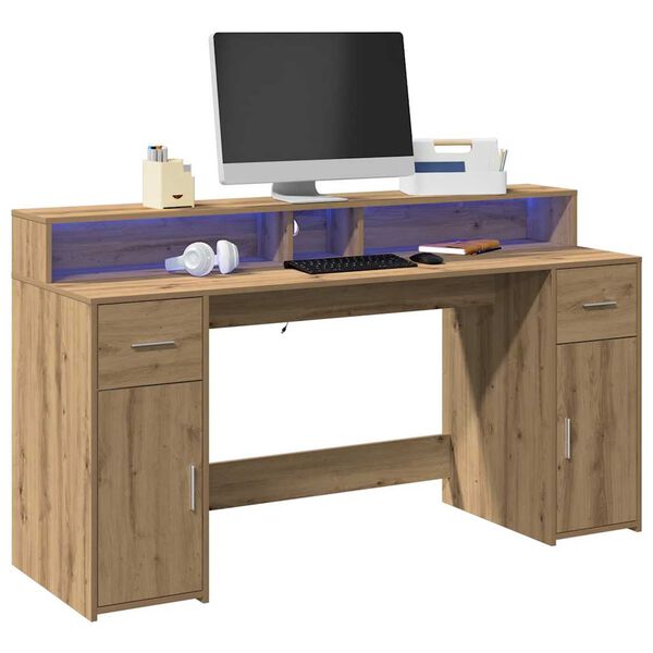 vidaXL Desk with LED Lights Artisian Oak 160x55x91 cm Engineered Wood