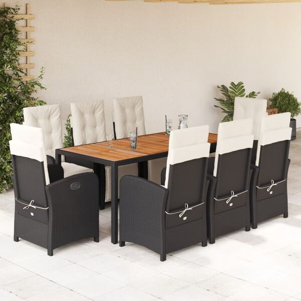 vidaXL 9 Piece Garden Dining Set with Cushions Black Poly Rattan