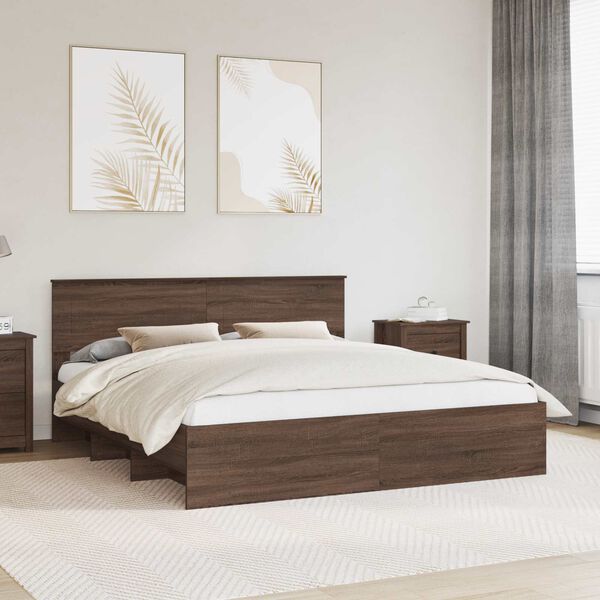vidaXL Bed Frame with Headboard Brown Oak 200 x 200 cm Engineered Wood