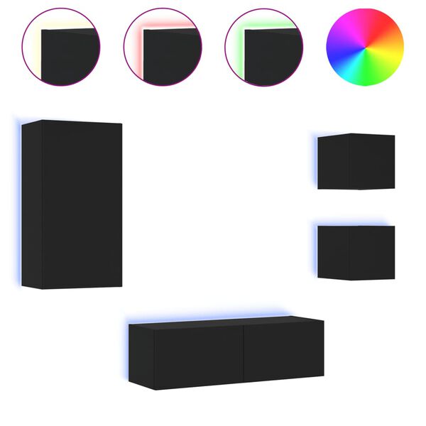 vidaXL 4 Piece TV Wall Cabinets with LED Lights Black