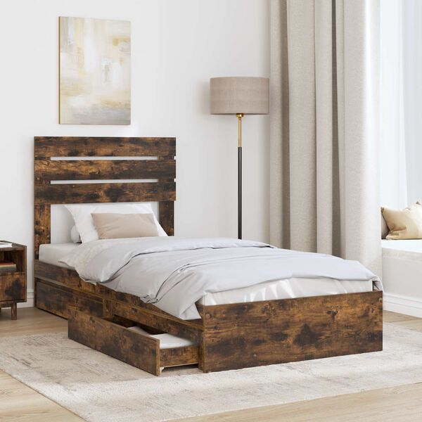 vidaXL Storage Bed with Drawer Smoked Oak 75 x 190 cm Engineered Wood