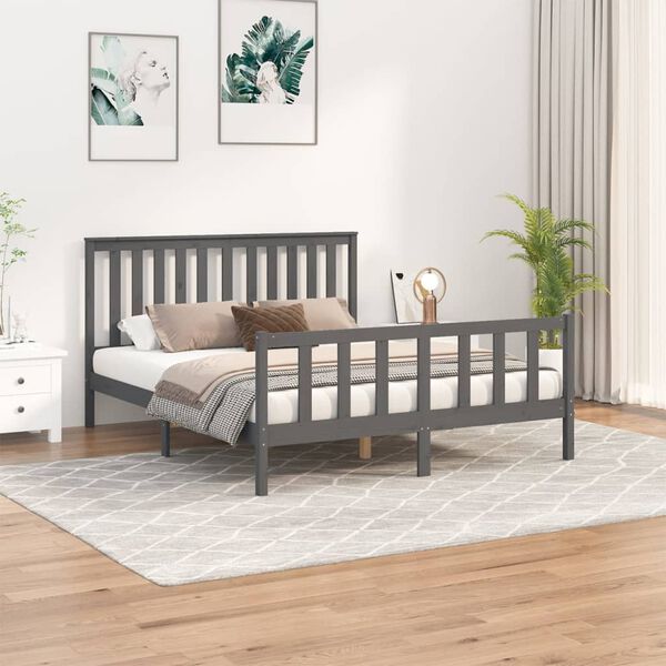 vidaXL Bed Frame without Mattress Grey Solid Wood Pine King Size