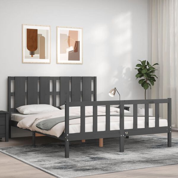 vidaXL Bed Frame without Mattress Grey King Size Solid Wood Pine