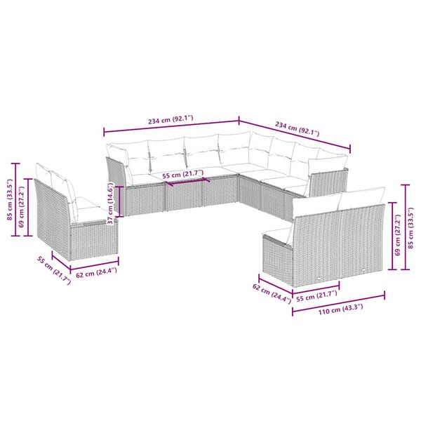 vidaXL 11 Piece Garden Sofa Set with Cushions Light Grey Poly Rattan