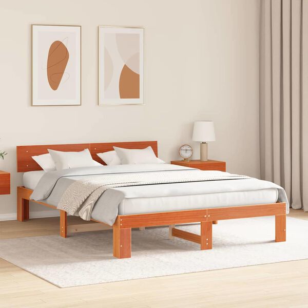 vidaXL Bed Frame with Headboard Wax Brown 160 x 200 cm Solid Pine Wood