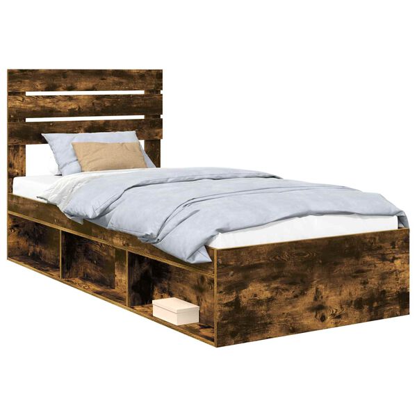 vidaXL Bed Frame with Headboard Smoked Oak 75 x 190 cm Solid Pine Wood