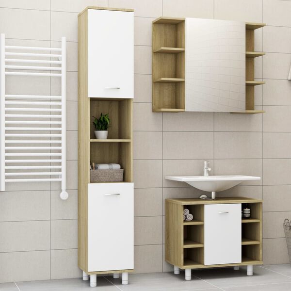 vidaXL 3 Piece Bathroom Furniture Set White and Sonoma Oak Engineered Wood
