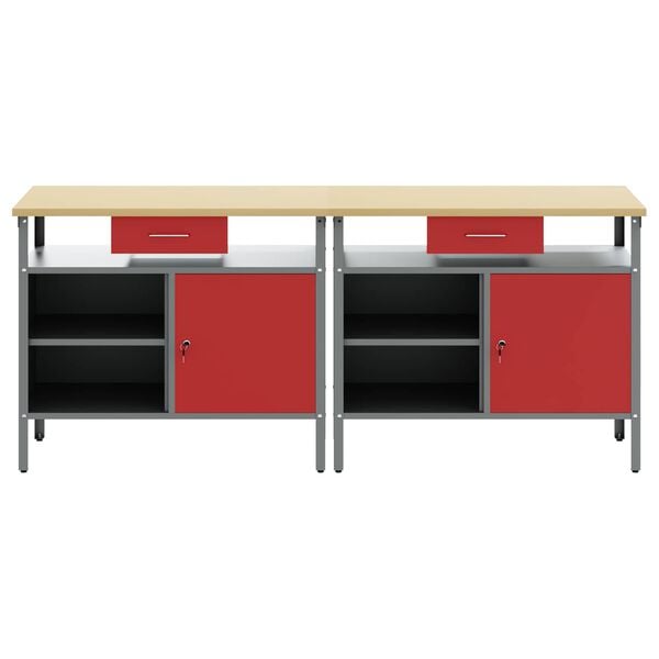 vidaXL Work Bench Set 2 pcs Red 200 x 55 x 85 cm Powder-Coated Steel