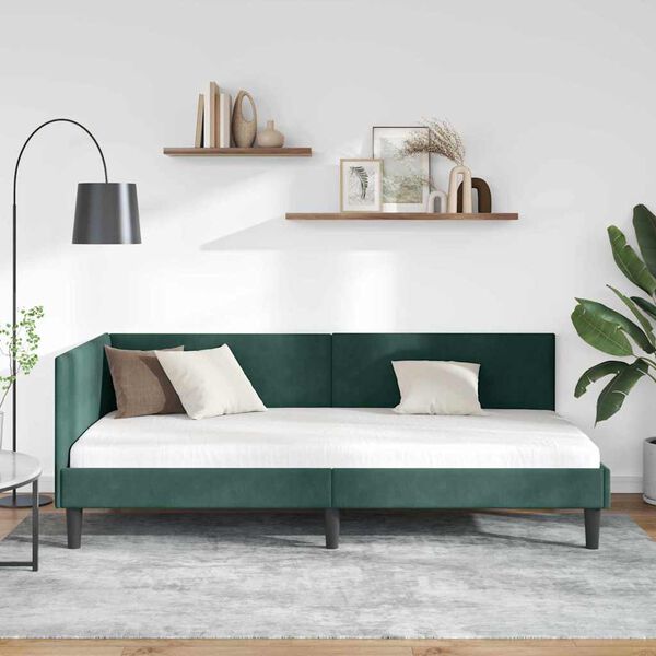 vidaXL Corner Bed Frame Dark Green 90 cm x 200 cm Velvet