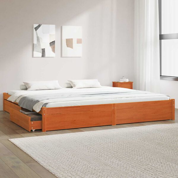 vidaXL Bed Frame with Drawer Wax Brown 200 x 200 cm Solid Pine Wood