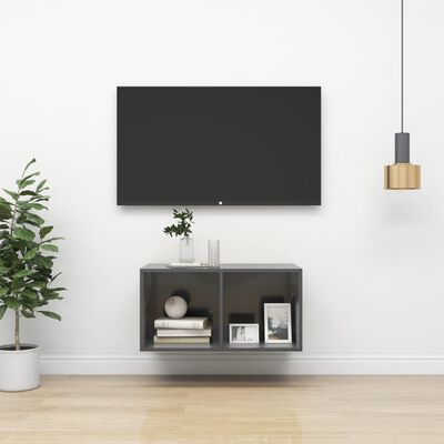 vidaXL Wall-mounted TV Cabinet High Gloss Grey 37x37x72 cm Engineered Wood