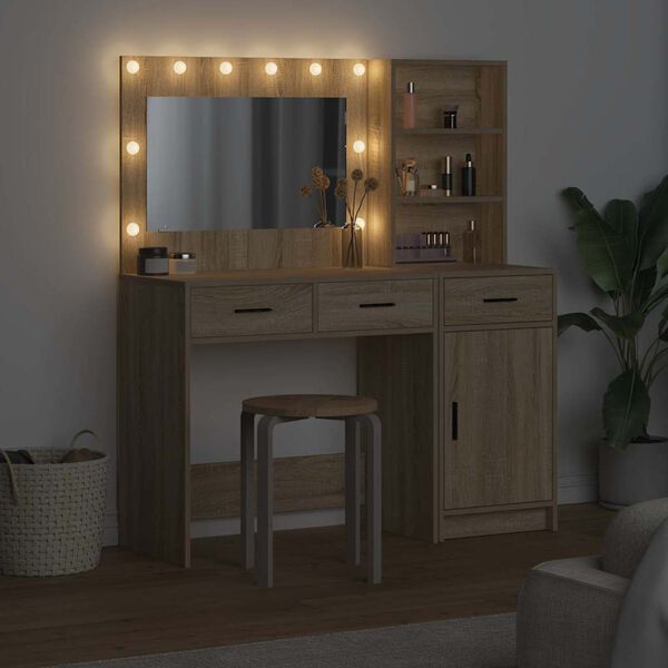 vidaXL Dressing Table with Mirror Lights 2 pcs Brown Engineered Wood