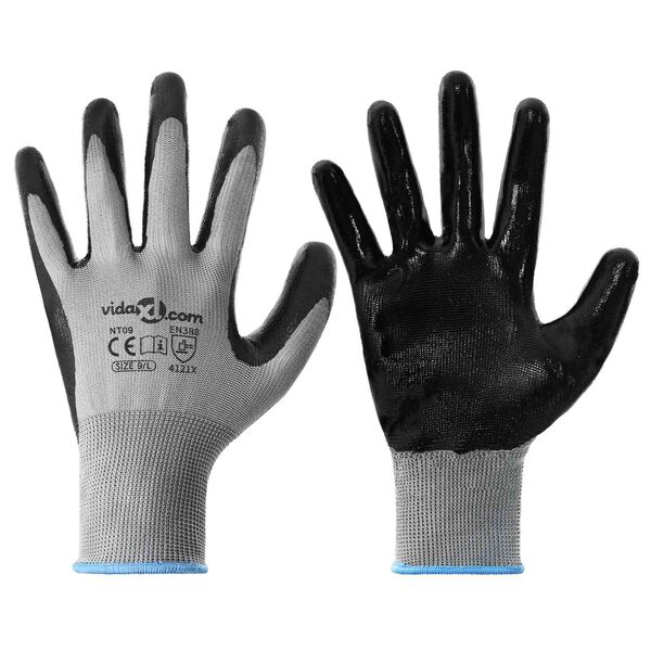 vidaXL Work Gloves 12 pcs Grey and Black 9 / L Polyester