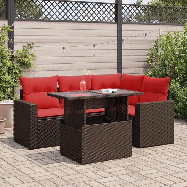 vidaXL 5 Piece Garden Sofa Set with Cushions Brown Poly Rattan Acacia