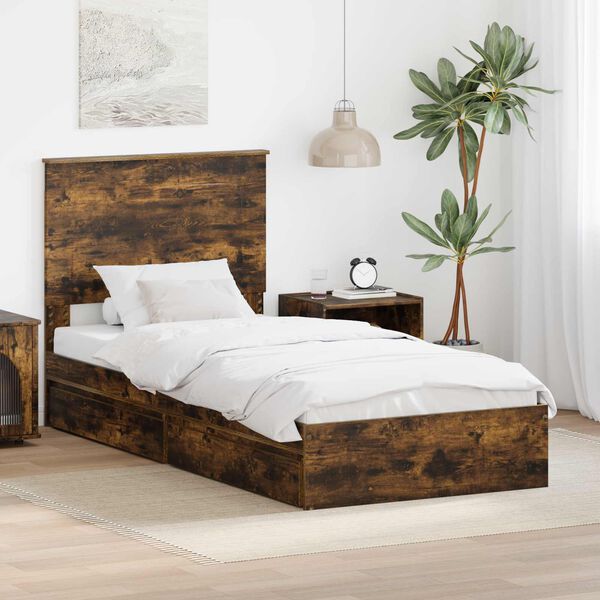 vidaXL Storage Bed with Drawer Smoked Oak 75 x 190 cm Engineered Wood