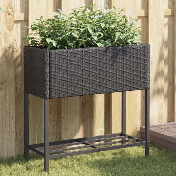 vidaXL Garden Planter with Shelf Black Poly Rattan