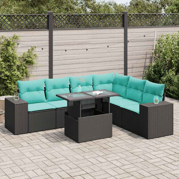 vidaXL 7 Piece Garden Sofa Set with Cushions Black Poly Rattan Acacia