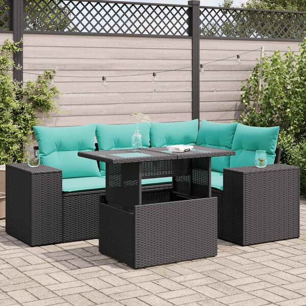 vidaXL 5 Piece Garden Sofa Set with Cushions Black Poly Rattan Acacia