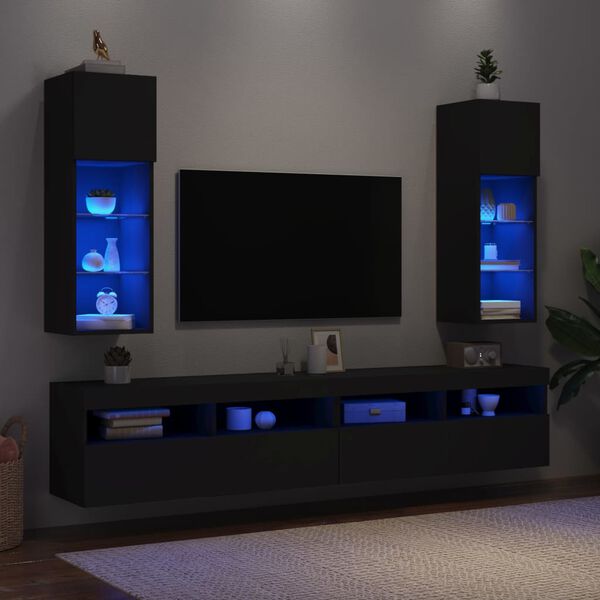 vidaXL TV Cabinets with LED Lights 2 pcs Black 30.5x30x90 cm