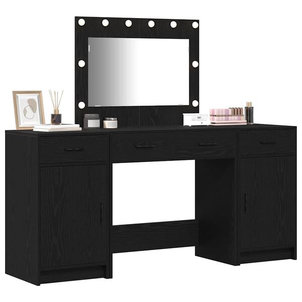 vidaXL Dressing Table with Mirror Lights 3 pcs Black Engineered Wood