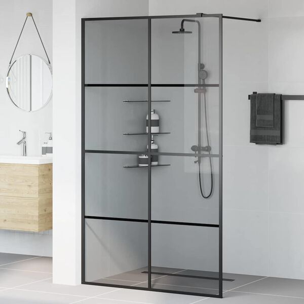 vidaXL Walk-in Shower Wall Black 115 x 195 cm Tempered Glass