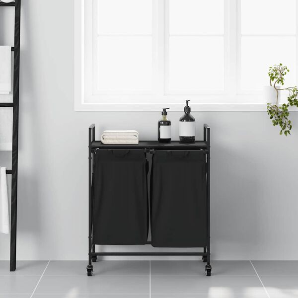 vidaXL Laundry Basket 2 Compartments with Wheels Black Oak