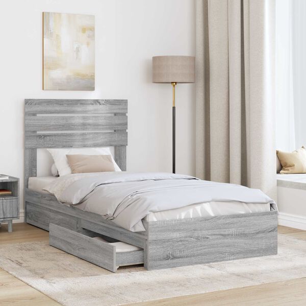 vidaXL Storage Bed with Drawer Grey Sonoma 75 x 190 cm Engineered Wood