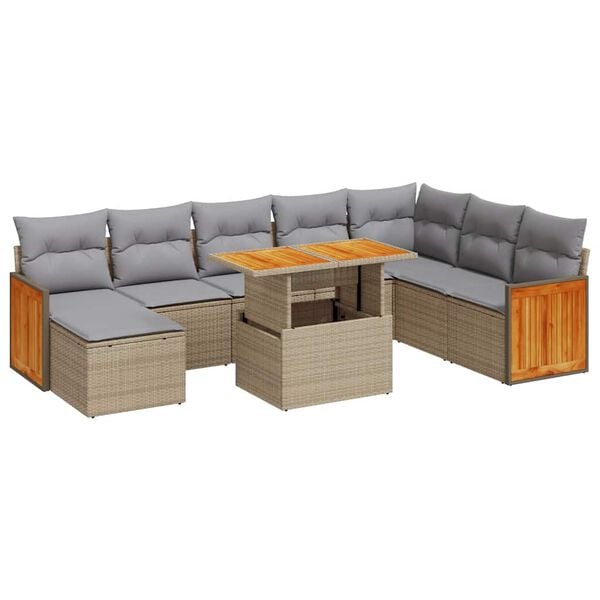 vidaXL 9 Piece Garden Sofa Set with Cushions Beige Poly Rattan Acacia