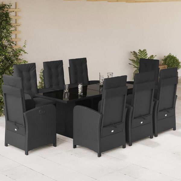 vidaXL 9 Piece Garden Dining Set with Cushions Black Poly Rattan