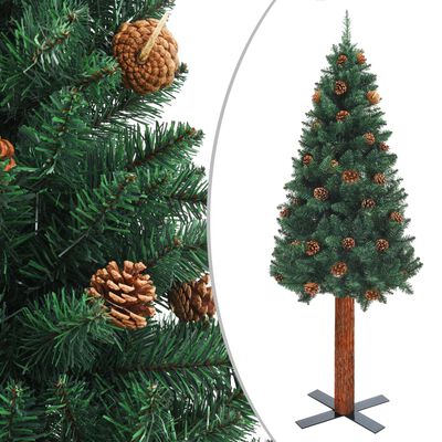 vidaXL Slim Christmas Tree with Real Wood and Cones Green 180 cm PVC