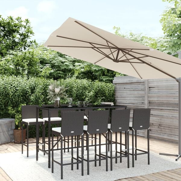 vidaXL 9 Piece Garden Bar Set with Cushions Black Poly Rattan