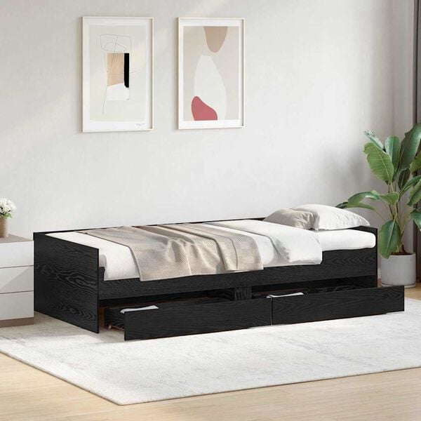 vidaXL Bed Frame with Drawer Black Oak 90 x 190 cm Solid Pine Wood