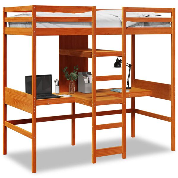 vidaXL Loft Bed Frame with Desk and Shelves Wax Brown 90x200cm Solid Wood Pine