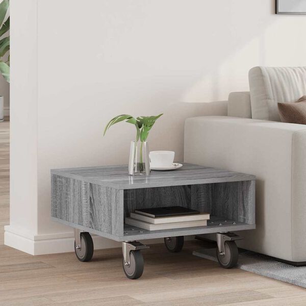 vidaXL Side Table with Wheels Grey Sonoma 50 x 50 x 30 cm