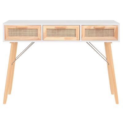 vidaXL Console Table White 105x30x75 cm Solid Wood Pine&Natural Rattan
