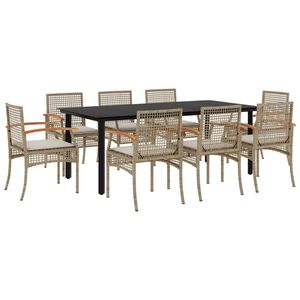 vidaXL 9 Piece Garden Dining Set with Cushions Beige Poly Rattan