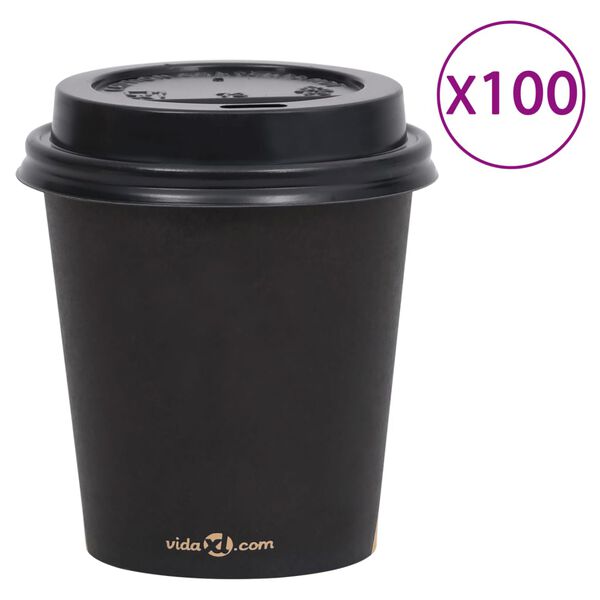vidaXL Coffee Paper Cups with Lids 200 ml 100 pcs Black