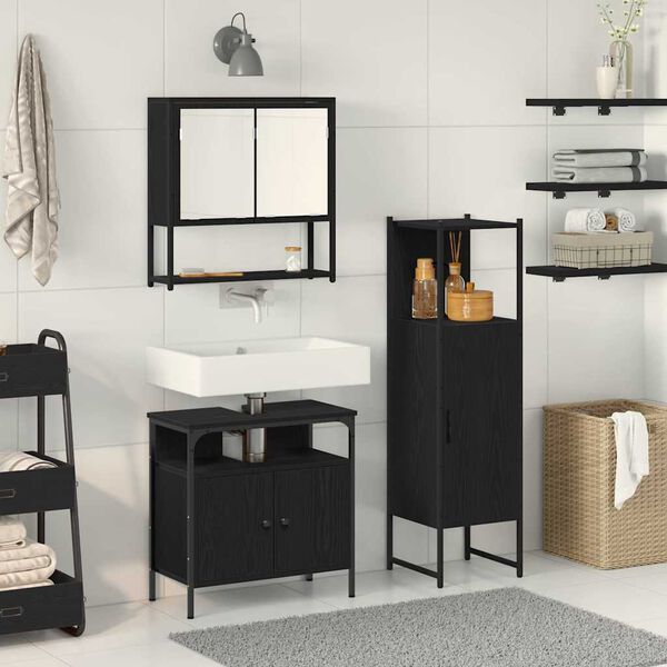 vidaXL Bathroom Furniture Set with Shelf 3 pcs Black Engineered wood