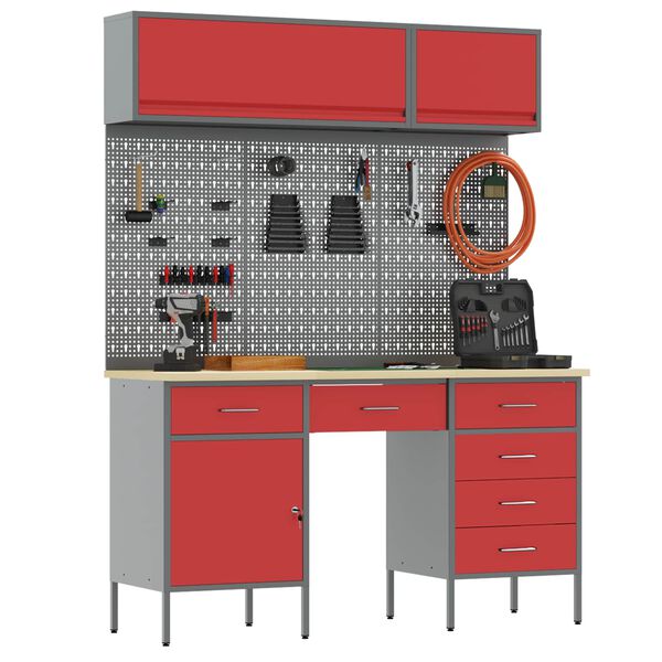 vidaXL Work Cabinet with Drawer with Lock 7 pcs Red 150 x 55 x 200 cm